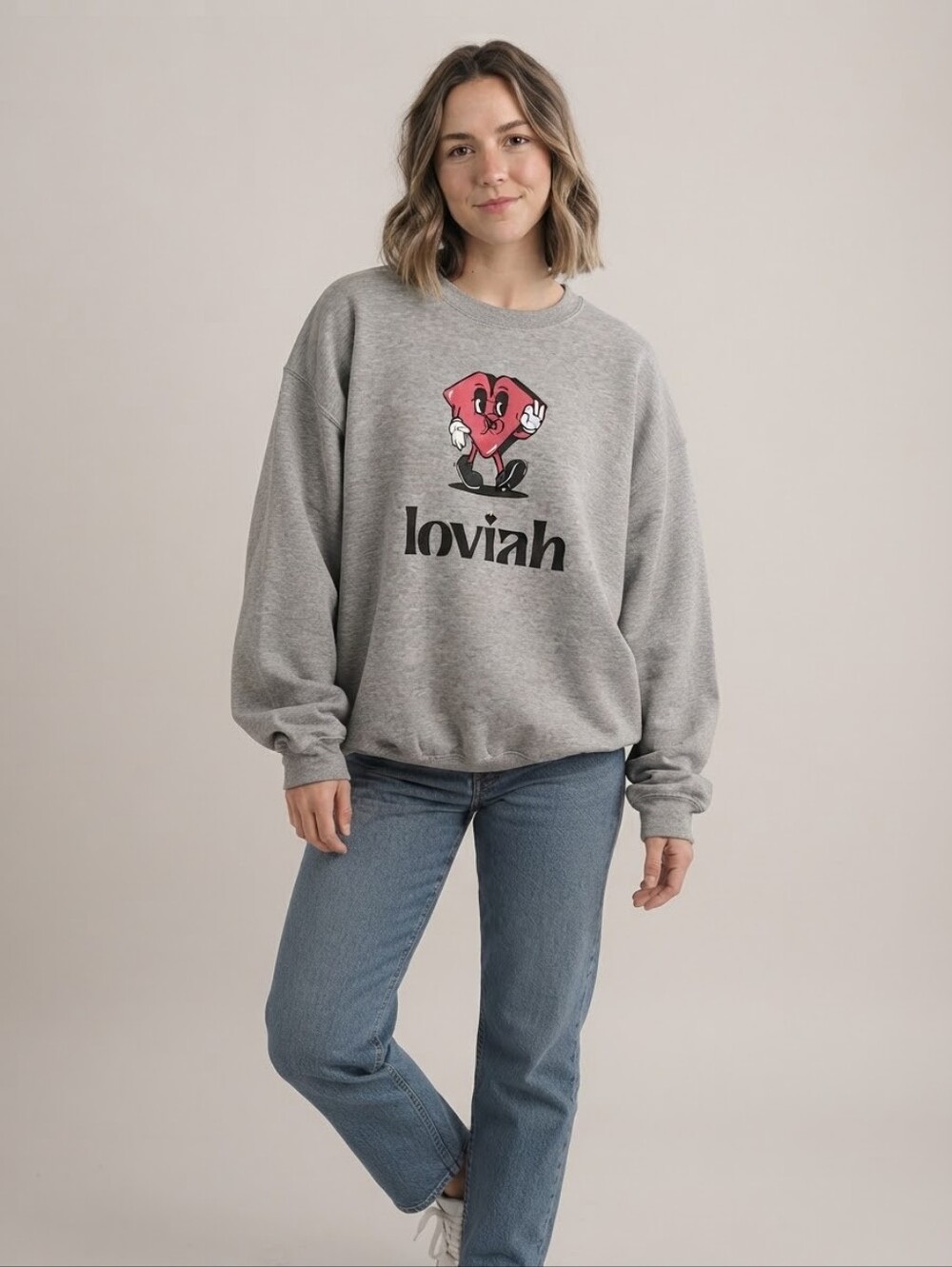 Loviah Heart Graphic Crewneck Sweatshirt – Grey – Medium